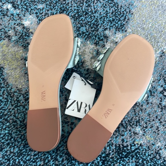 NEW WITH TAGS NEVER WORN ZARA SAGE GREEN & SILVER CRYSTAL JEWEL SANDAL SIZE 37 - Picture 5 of 5
